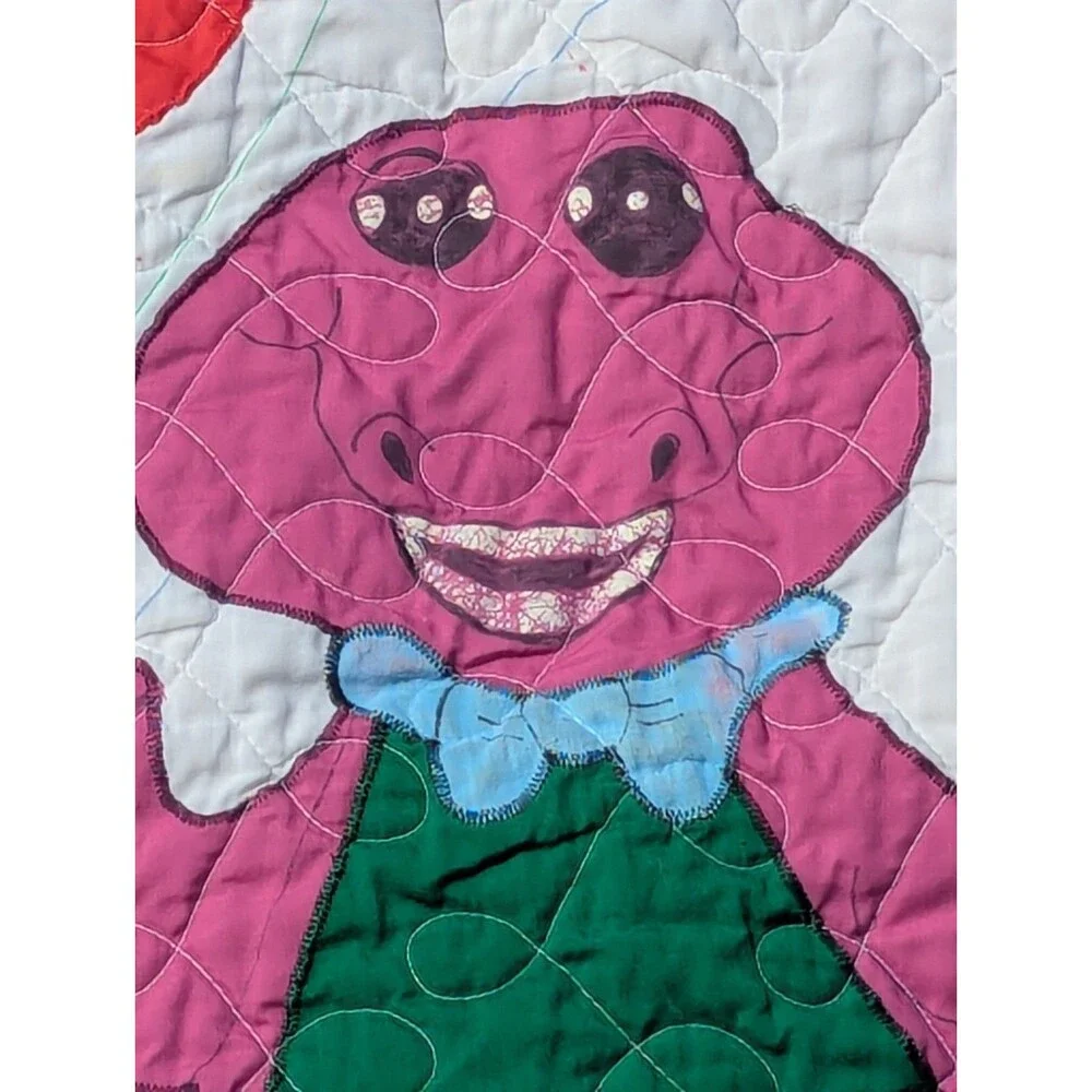 Vintage Handmade Barney the Dinosaur Baby Quilt Blanket Colorful Balloons 43